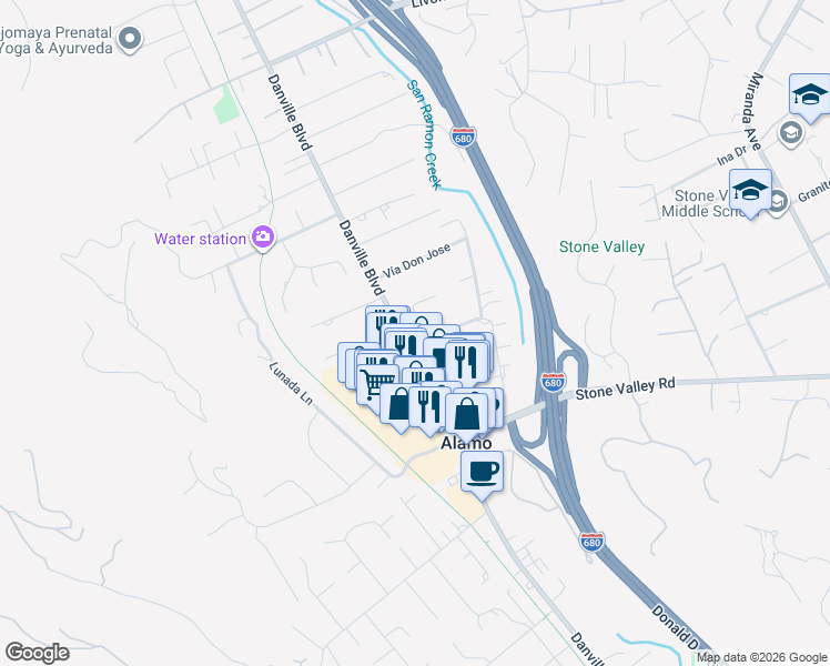 map of restaurants, bars, coffee shops, grocery stores, and more near 4 Garden Estates Court in Alamo