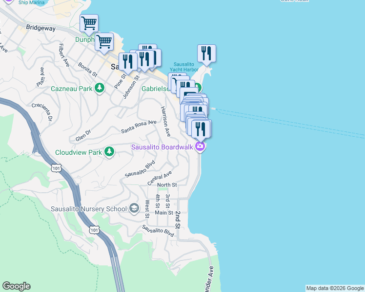 map of restaurants, bars, coffee shops, grocery stores, and more near 77 Harrison Avenue in Sausalito