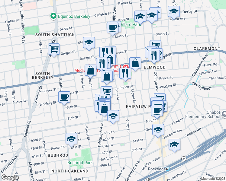 map of restaurants, bars, coffee shops, grocery stores, and more near 2421 Prince Street in Berkeley