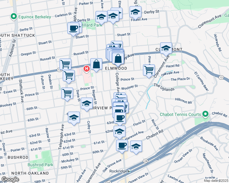 map of restaurants, bars, coffee shops, grocery stores, and more near 2637 Woolsey Street in Berkeley