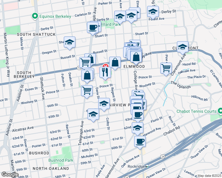 map of restaurants, bars, coffee shops, grocery stores, and more near 2506 Prince Street in Berkeley