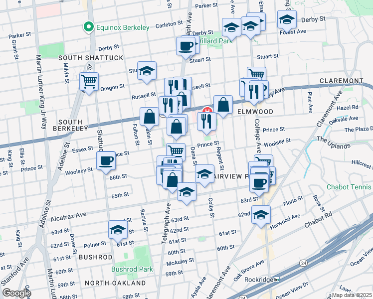 map of restaurants, bars, coffee shops, grocery stores, and more near 2421 Prince Street in Berkeley