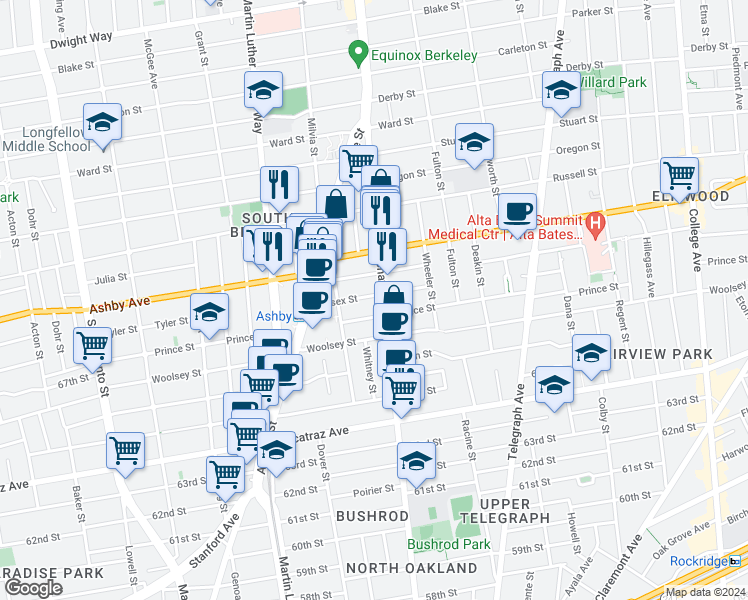 map of restaurants, bars, coffee shops, grocery stores, and more near 3028 Shattuck Avenue in Berkeley