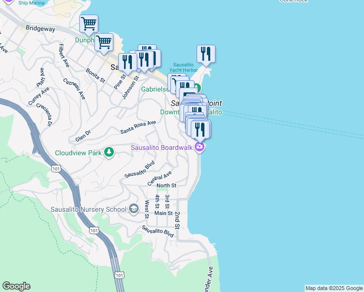 map of restaurants, bars, coffee shops, grocery stores, and more near 77 Harrison Avenue in Sausalito