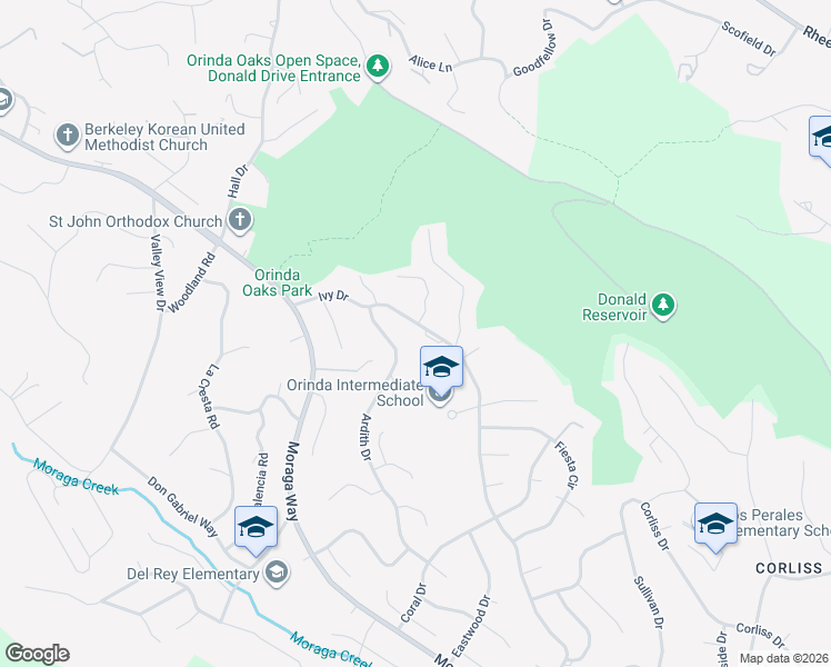 map of restaurants, bars, coffee shops, grocery stores, and more near 44 Ivy Drive in Orinda