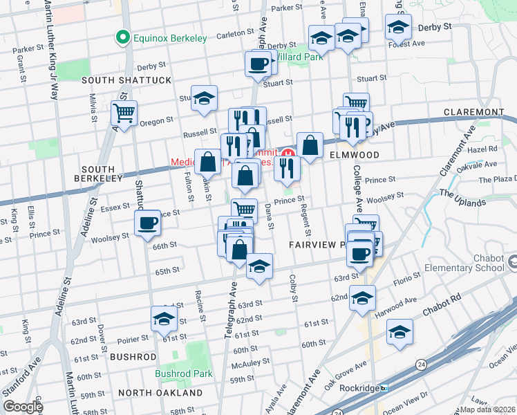 map of restaurants, bars, coffee shops, grocery stores, and more near 2421 Prince Street in Berkeley