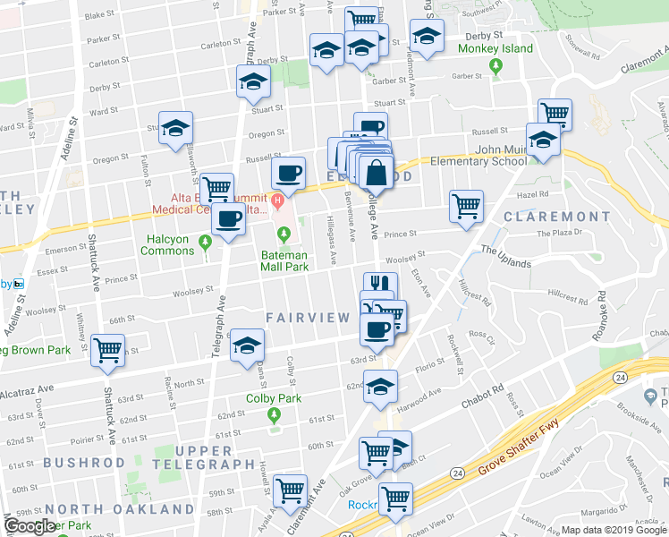 map of restaurants, bars, coffee shops, grocery stores, and more near Woolsey St & Hillegass Ave in Berkeley