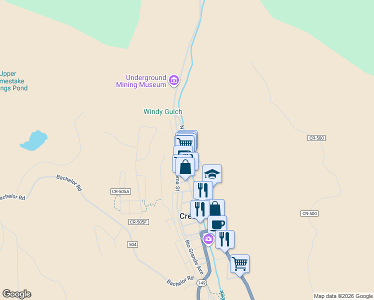 map of restaurants, bars, coffee shops, grocery stores, and more near 126-1200 North Main Street in Creede