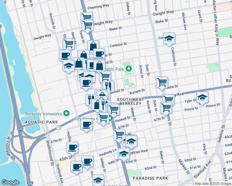 map of restaurants, bars, coffee shops, grocery stores, and more near 1226 Russell Street in Berkeley