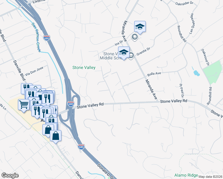 map of restaurants, bars, coffee shops, grocery stores, and more near 88 Austin Lane in Alamo