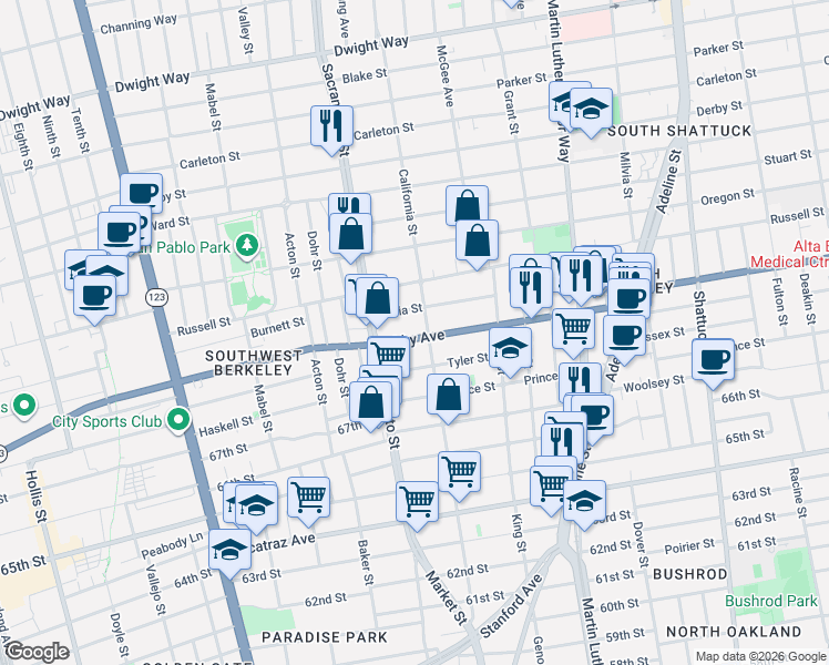 map of restaurants, bars, coffee shops, grocery stores, and more near 2959 California Street in Berkeley