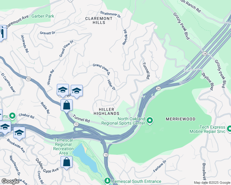 map of restaurants, bars, coffee shops, grocery stores, and more near 402 Hiller Drive in Oakland