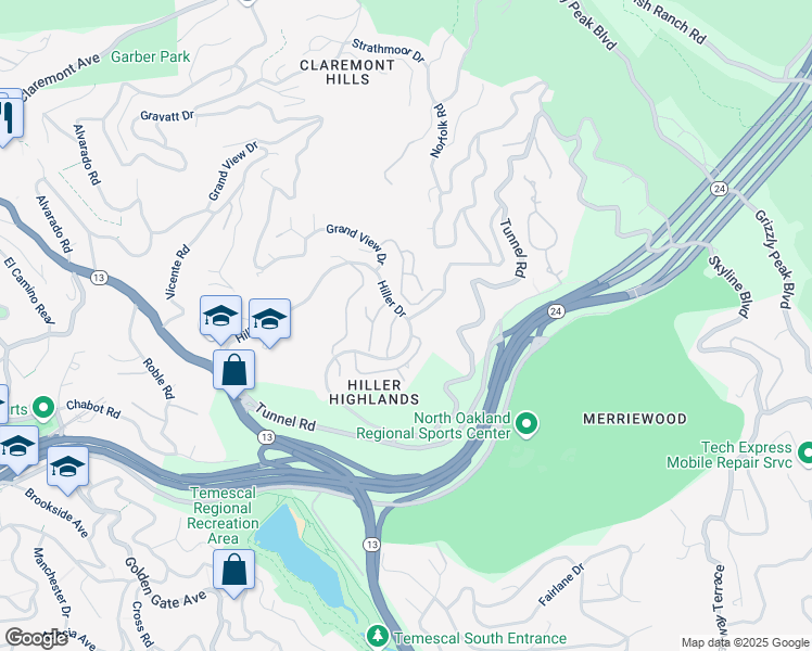 map of restaurants, bars, coffee shops, grocery stores, and more near 402 Hiller Drive in Oakland