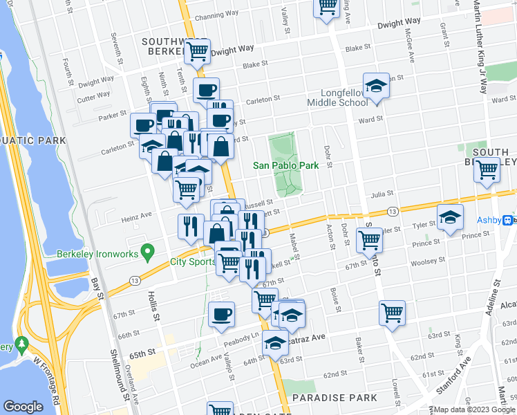 map of restaurants, bars, coffee shops, grocery stores, and more near 1226 Russell Street in Berkeley