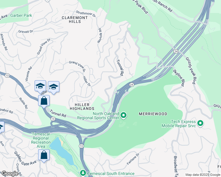 map of restaurants, bars, coffee shops, grocery stores, and more near 0 Tunnel Road in Berkeley