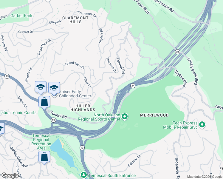 map of restaurants, bars, coffee shops, grocery stores, and more near 142 Caldecott Lane in Oakland