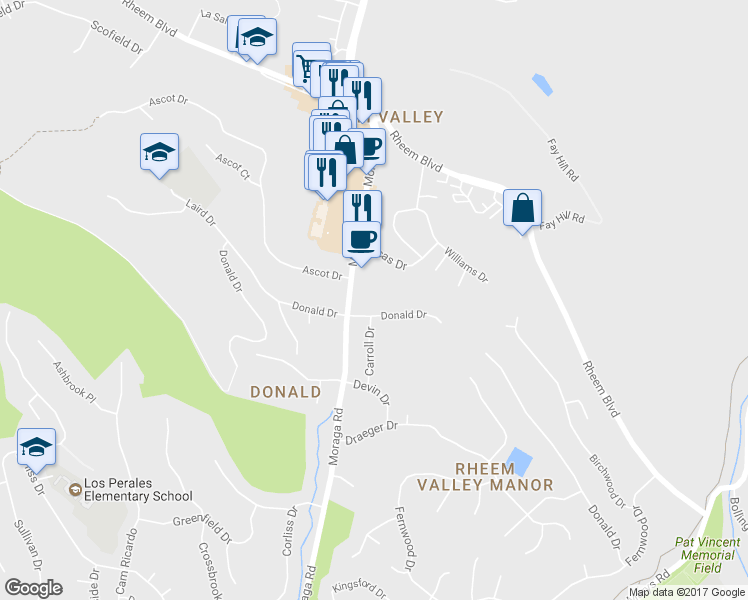 map of restaurants, bars, coffee shops, grocery stores, and more near 119 Donald Drive in Moraga