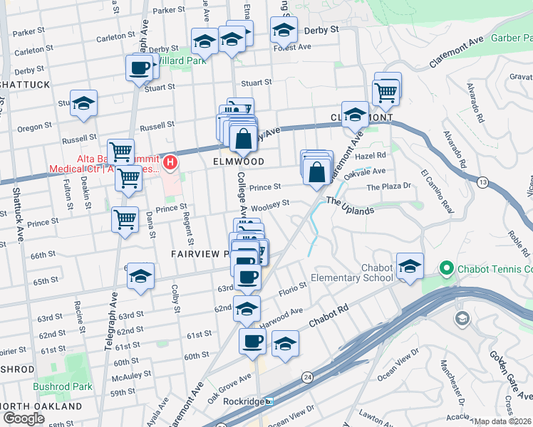 map of restaurants, bars, coffee shops, grocery stores, and more near 2731 Woolsey Street in Berkeley