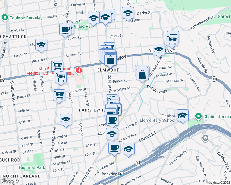 map of restaurants, bars, coffee shops, grocery stores, and more near 2731 Woolsey Street in Berkeley