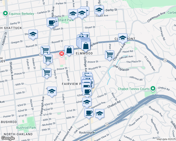 map of restaurants, bars, coffee shops, grocery stores, and more near 2637 Woolsey Street in Berkeley