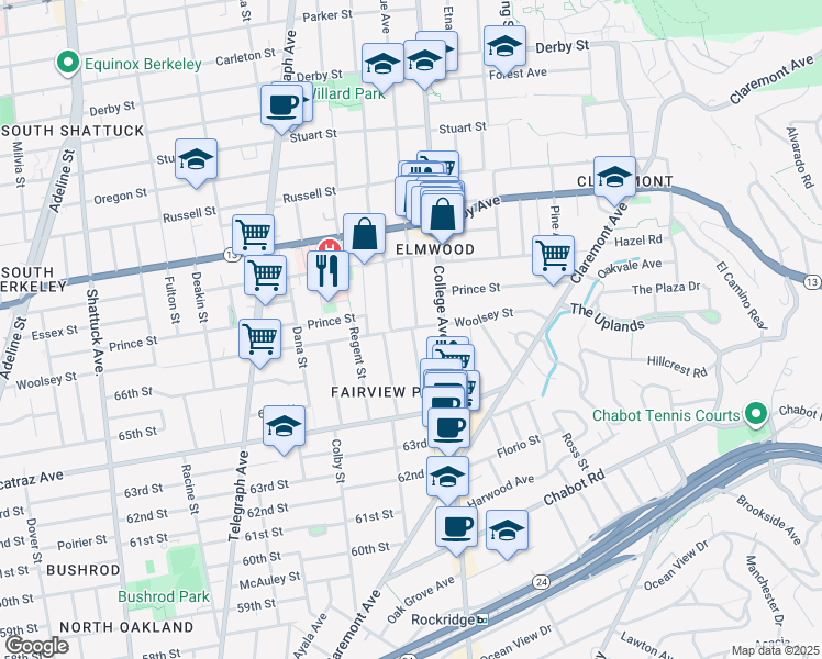 map of restaurants, bars, coffee shops, grocery stores, and more near 3055 Hillegass Avenue in Berkeley