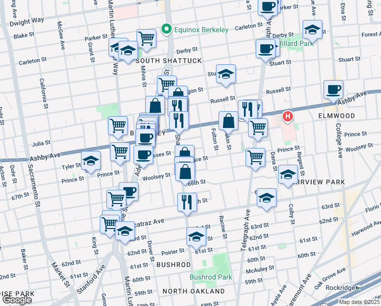 map of restaurants, bars, coffee shops, grocery stores, and more near 2130 Essex Street in Berkeley
