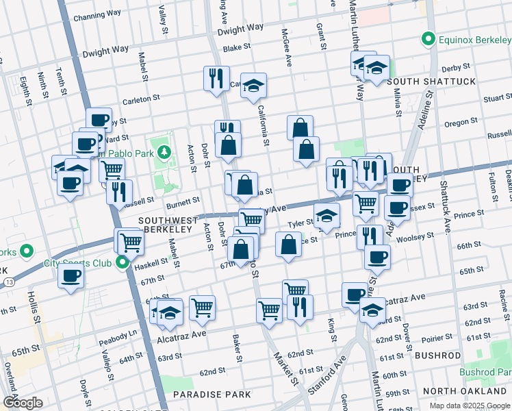 map of restaurants, bars, coffee shops, grocery stores, and more near 1516 Julia Street in Berkeley