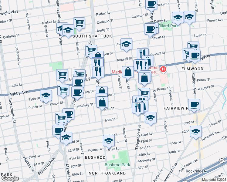 map of restaurants, bars, coffee shops, grocery stores, and more near 3046 Fulton Street in Berkeley