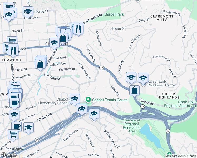 map of restaurants, bars, coffee shops, grocery stores, and more near 248 The Uplands in Berkeley