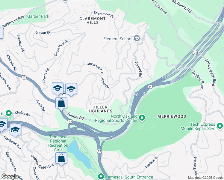 map of restaurants, bars, coffee shops, grocery stores, and more near 403 Hiller Drive in Oakland