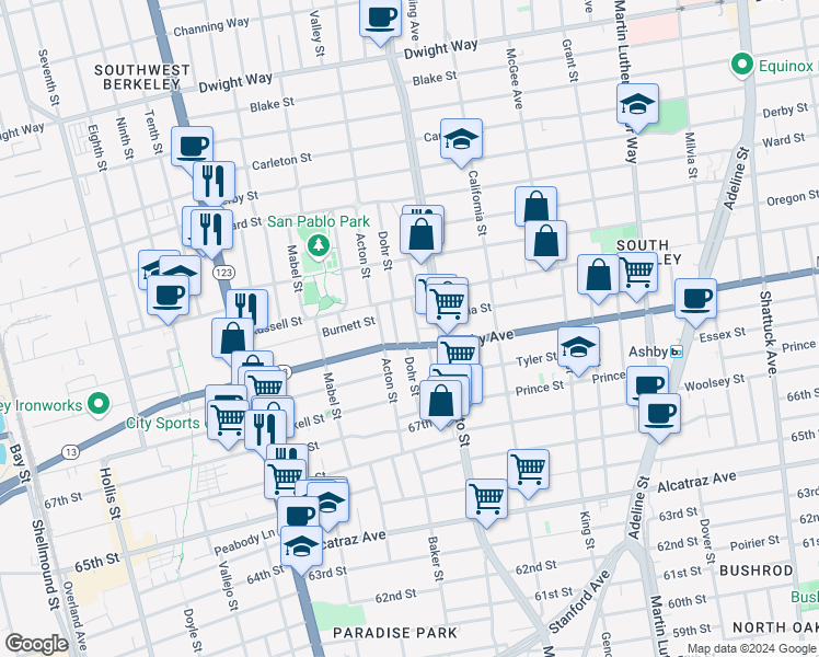 map of restaurants, bars, coffee shops, grocery stores, and more near 2926 Stanton Street in Berkeley