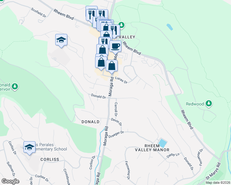 map of restaurants, bars, coffee shops, grocery stores, and more near 123 Donald Drive in Moraga