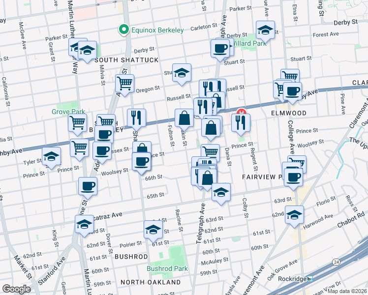 map of restaurants, bars, coffee shops, grocery stores, and more near 3045 Deakin Street in Berkeley