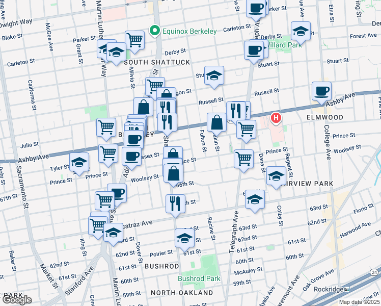 map of restaurants, bars, coffee shops, grocery stores, and more near 2130 Essex Street in Berkeley