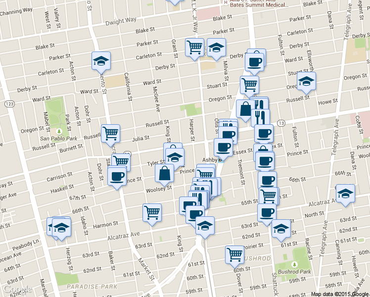 map of restaurants, bars, coffee shops, grocery stores, and more near 1816 Ashby Avenue in Berkeley