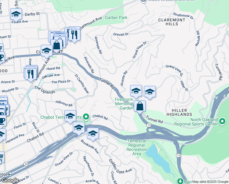 map of restaurants, bars, coffee shops, grocery stores, and more near 200 Tunnel Road in Berkeley