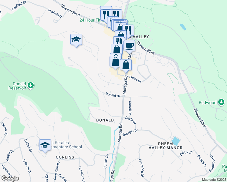 map of restaurants, bars, coffee shops, grocery stores, and more near 2133 Donald Drive in Moraga