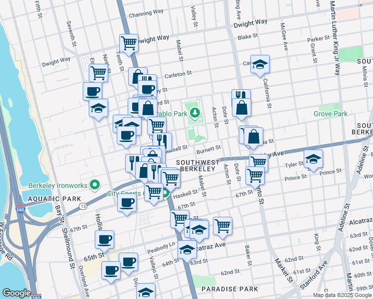 map of restaurants, bars, coffee shops, grocery stores, and more near 1252 Russell Street in Berkeley