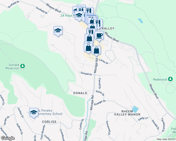 map of restaurants, bars, coffee shops, grocery stores, and more near 2145 Donald Drive in Moraga
