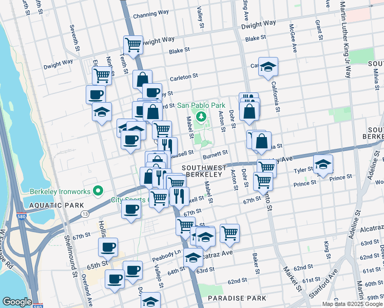 map of restaurants, bars, coffee shops, grocery stores, and more near 1252 Russell Street in Berkeley