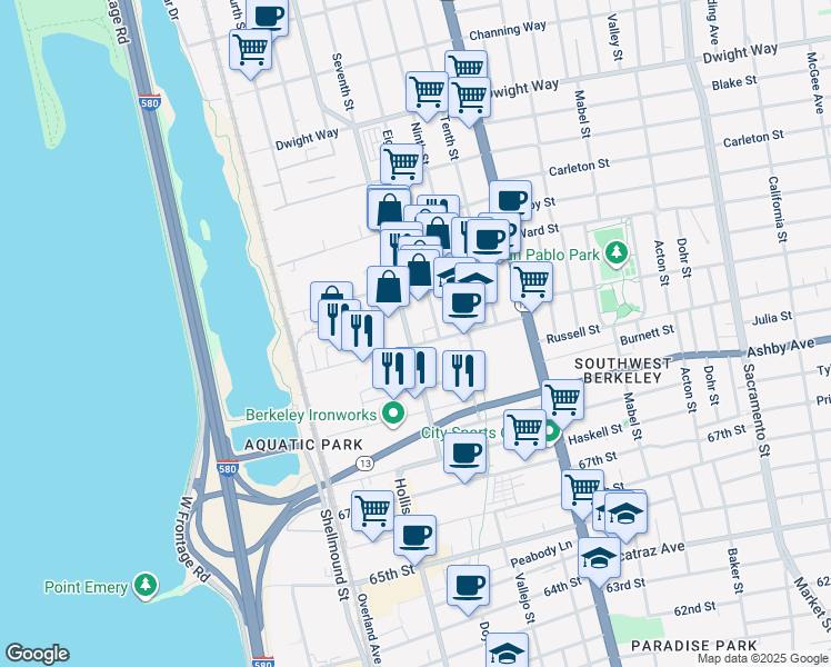 map of restaurants, bars, coffee shops, grocery stores, and more near 2843 Seventh Street in Berkeley