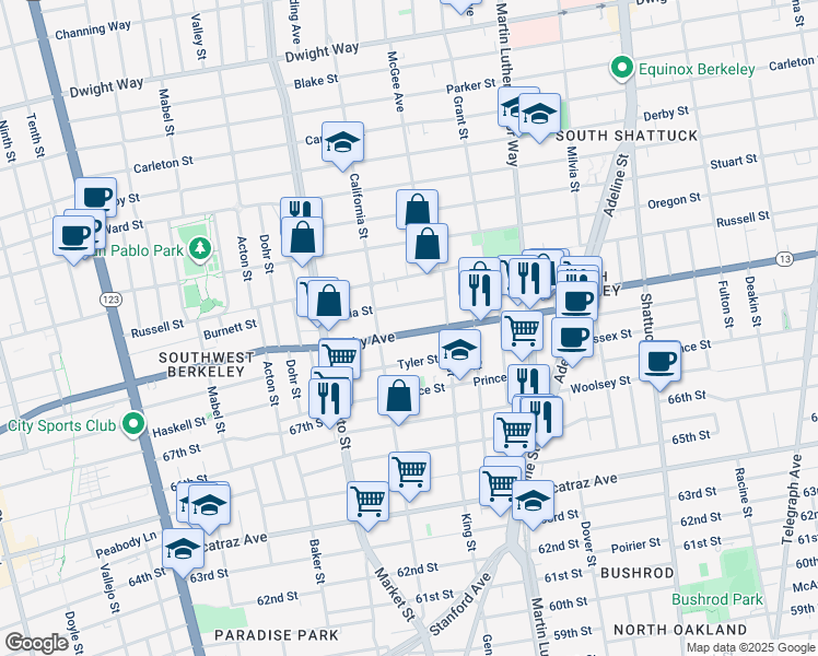map of restaurants, bars, coffee shops, grocery stores, and more near 1623 Ashby Avenue in Berkeley
