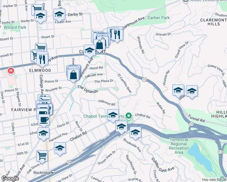 map of restaurants, bars, coffee shops, grocery stores, and more near 124 Parkside Drive in Berkeley