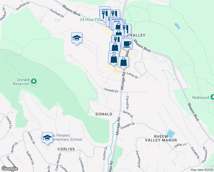 map of restaurants, bars, coffee shops, grocery stores, and more near 2130 Ascot Drive in Moraga