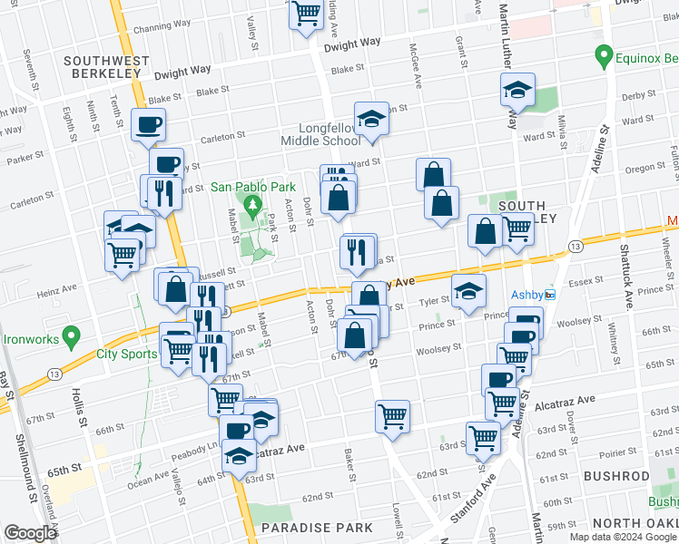 map of restaurants, bars, coffee shops, grocery stores, and more near 2931 Stanton Street in Berkeley