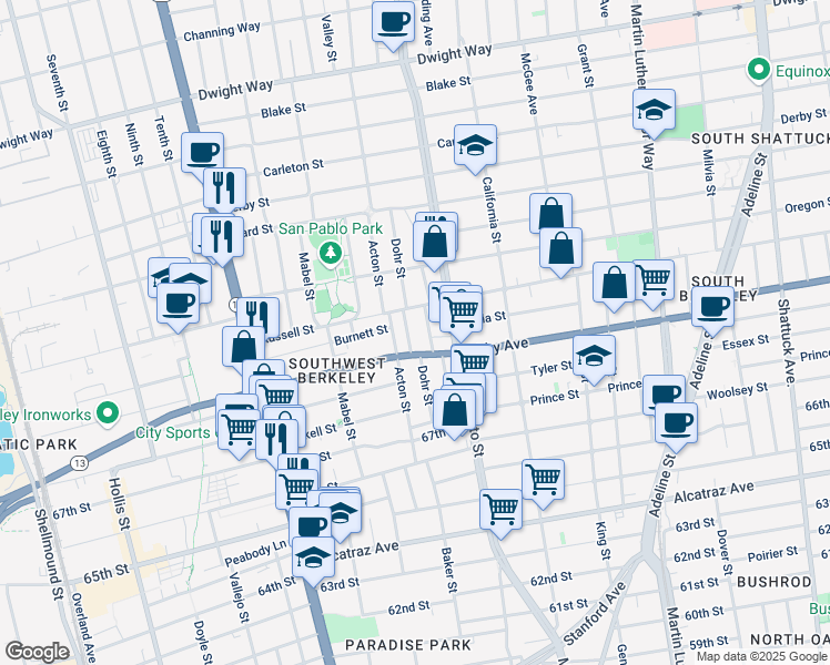 map of restaurants, bars, coffee shops, grocery stores, and more near 2931 Stanton Street in Berkeley