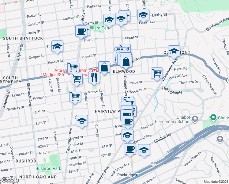 map of restaurants, bars, coffee shops, grocery stores, and more near 2607 Woolsey Street in Berkeley