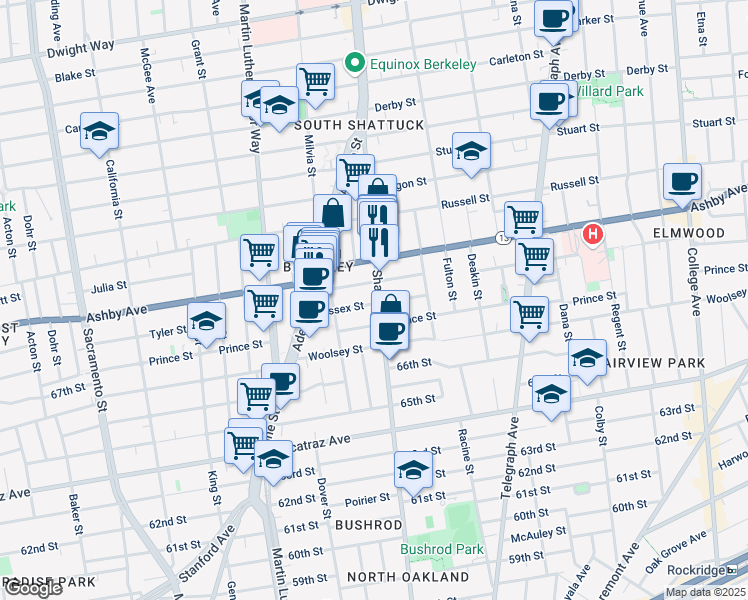 map of restaurants, bars, coffee shops, grocery stores, and more near 3028 Shattuck Avenue in Berkeley
