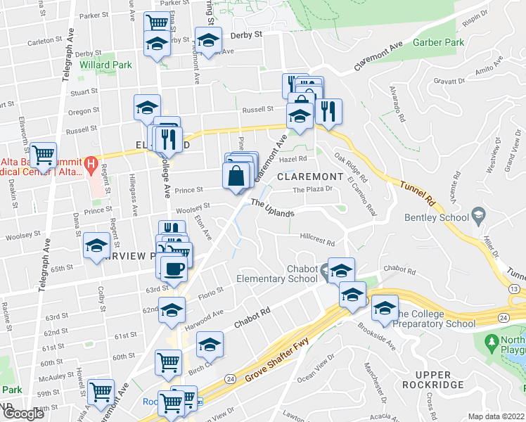 map of restaurants, bars, coffee shops, grocery stores, and more near 26 The Uplands in Berkeley