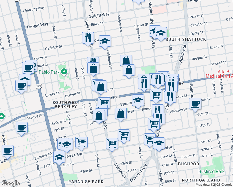 map of restaurants, bars, coffee shops, grocery stores, and more near 2961 California Street in Berkeley